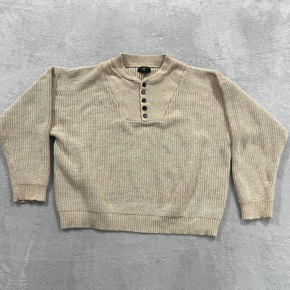 Vintage‎ Club Room Sweater Men's XL Beige Henley Style Thick Knit Button Preppy